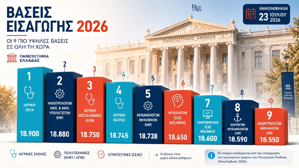 Βάσεις 2026: Οι 9 υψηλότερες χωρίς ειδικά μαθήματα — Ιατρική Αθηνών και ΕΜΠ σε απόσταση 20 μορίων